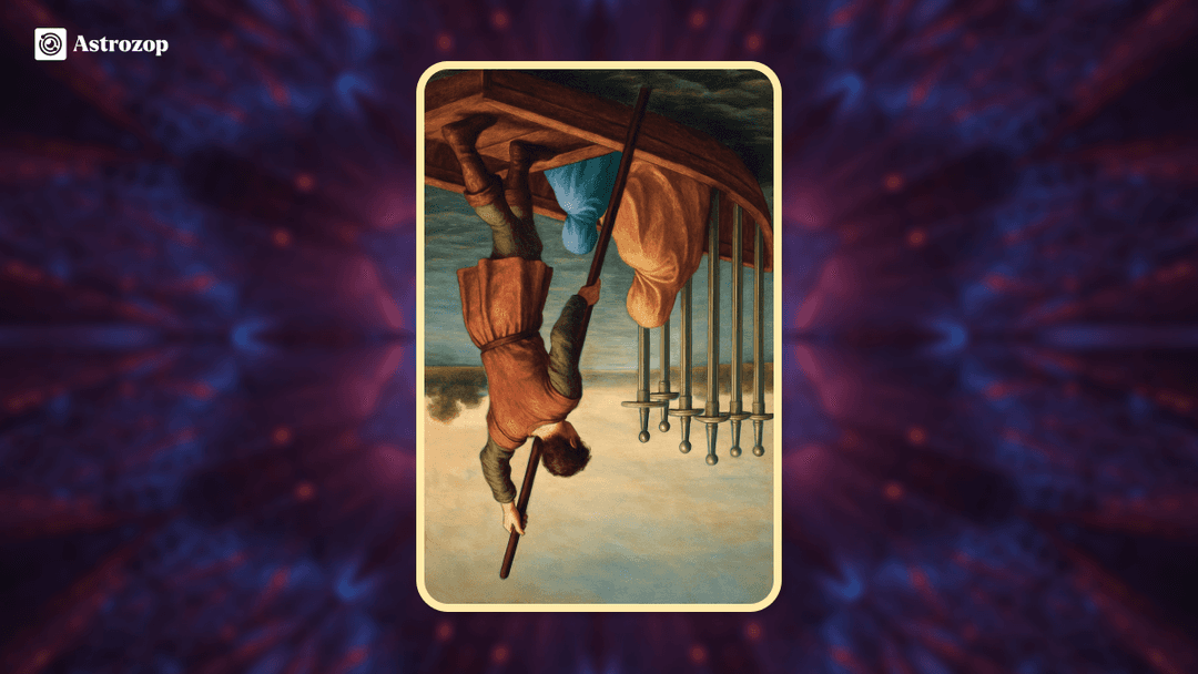 Reversed Six of Swords tarot card showing a figure struggling to move the boat forward