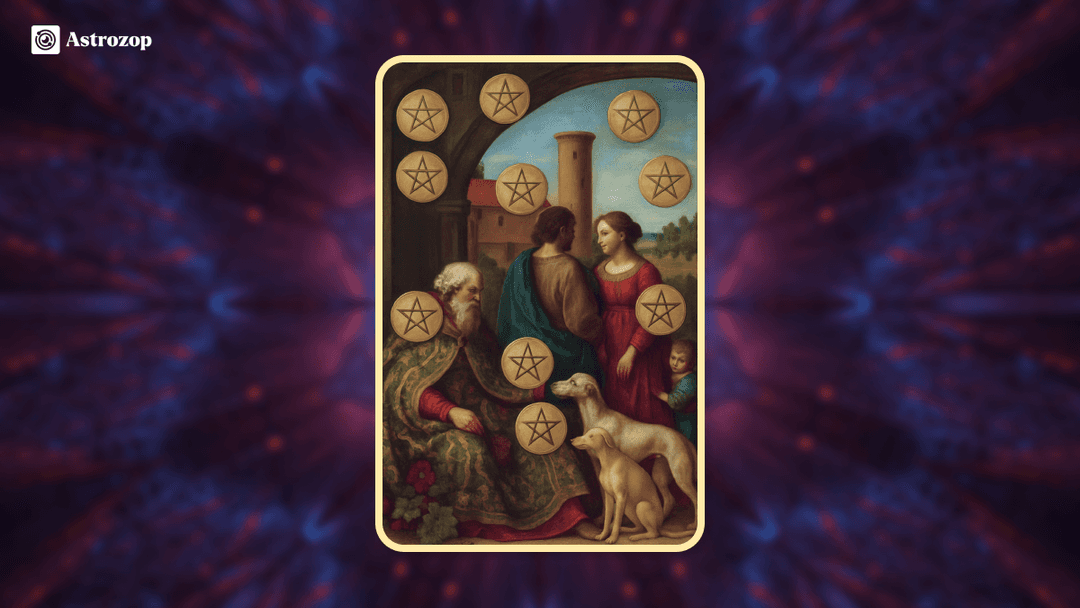 Ten of Pentacles tarot card showing a family with multiple generations, surrounded by pentacles